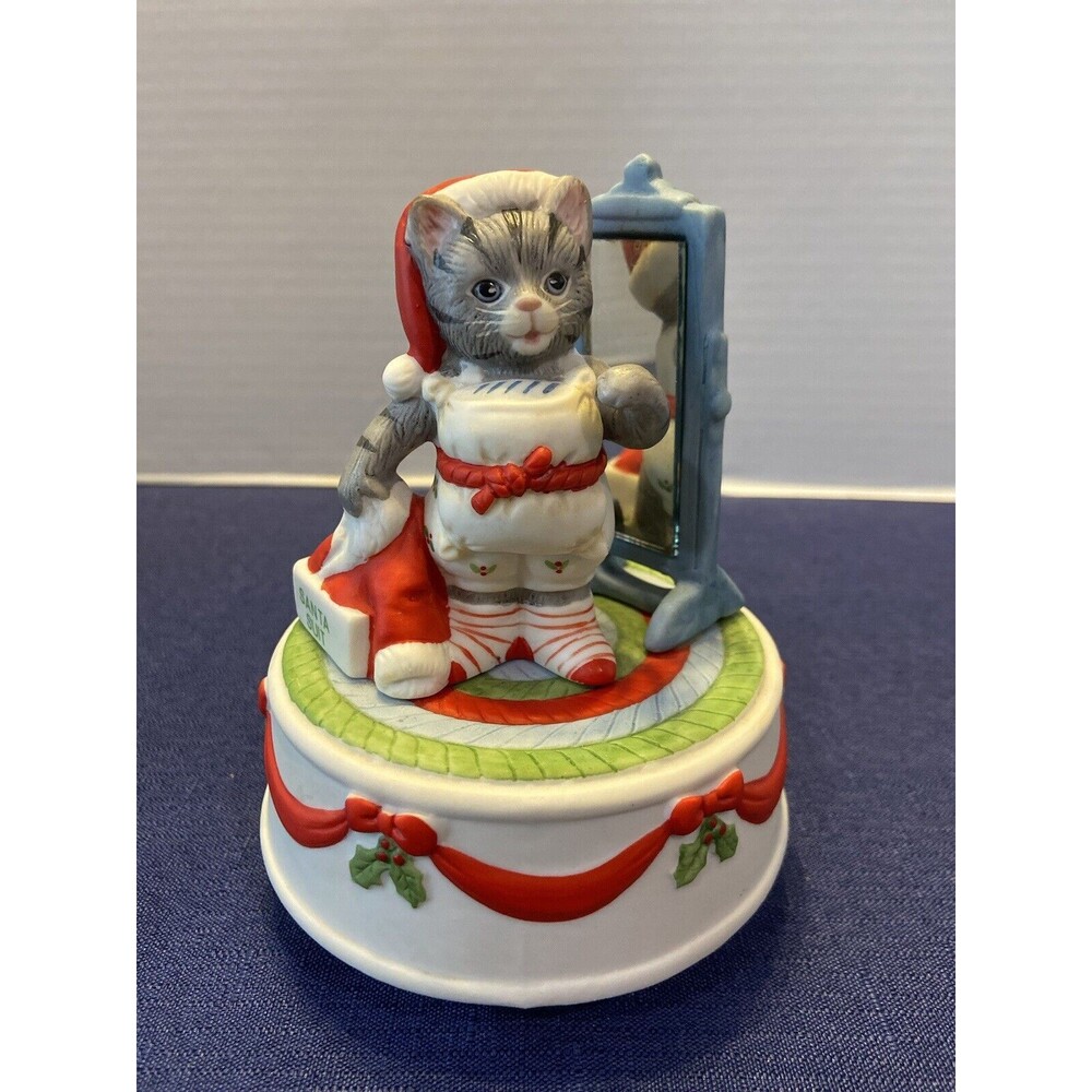 Schmid Kitty Cucumber Santa Suit Music Box. It Plays, Here comes Santa Clause